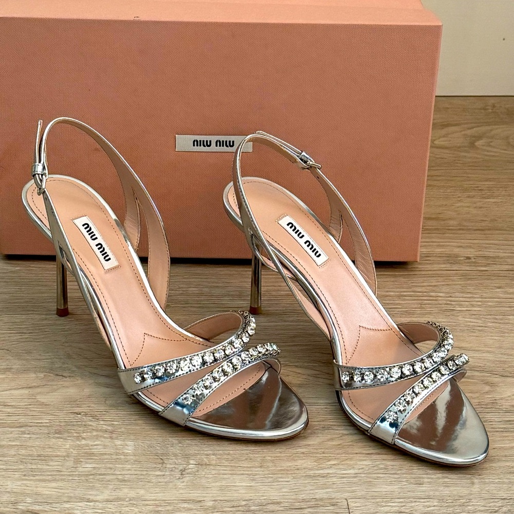 Miu Miu Calzatore Donna Silver Slingback Sandal Heels w/ Rhinestones - EU 38.5